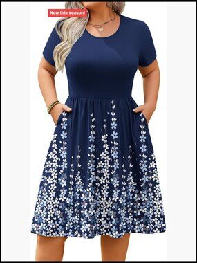Plus Size Summer Dress with Pockets Short Sleeve A-Line T-Shirt Dress